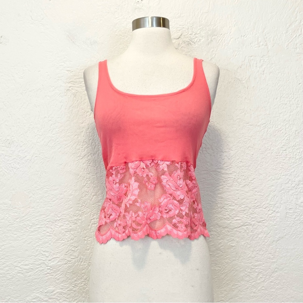 Vintage 90s Y2K Victoria's Secret Tank Top Cami Mesh Lace Coral Pink Medium M